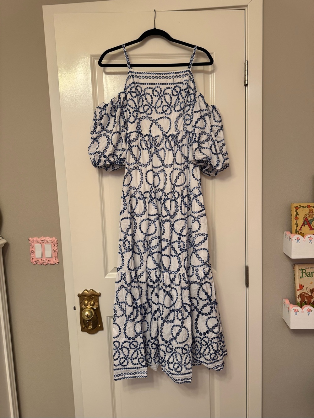 Anthropologie White and Navy Cold-Shoulder Midi/Maxi Dress